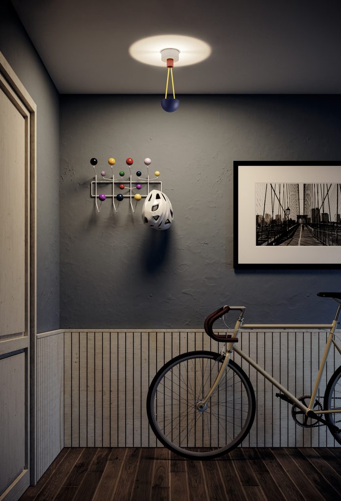 Ale ceiling lamp brings colorful lighting to an entryway, with a blue hemisphere and yellow rods casting a circle of light overhead.