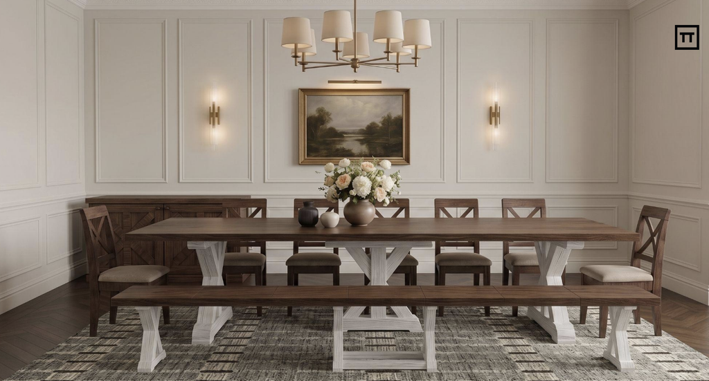 Gather extendable dining table with a dark wood top and white crossbuck bases, paired with a matching bench and upholstered dining chairs.