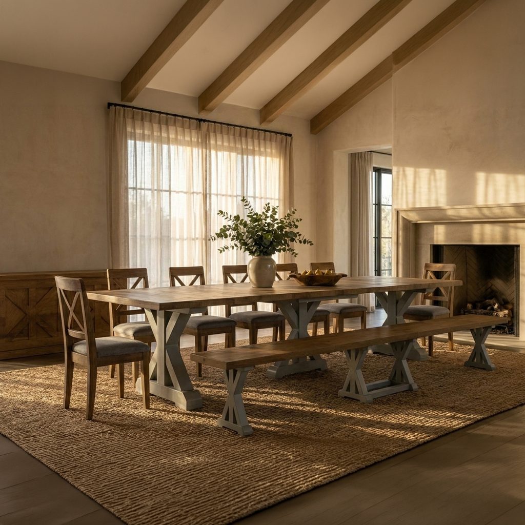 Gather rectangular extendable dining table with a wood top and gray crossbuck bases, matching bench, and dining chairs beside a fireplace.