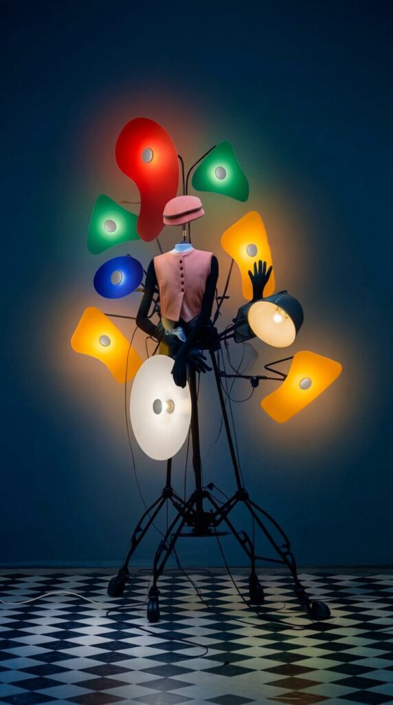Foscarini Orbital decorative lighting surrounds a mannequin in a pink vest with colorful illuminated glass discs.