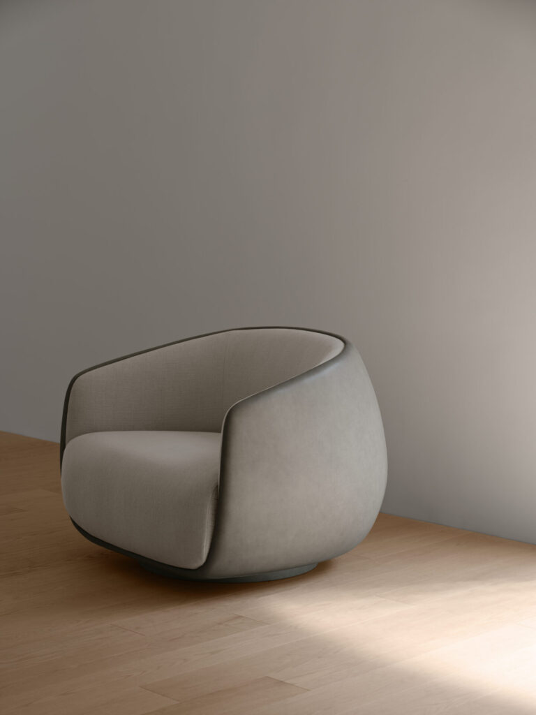 Stellar Works Pesca One-Seater swivel chair with rounded upholstered shell and curved back.