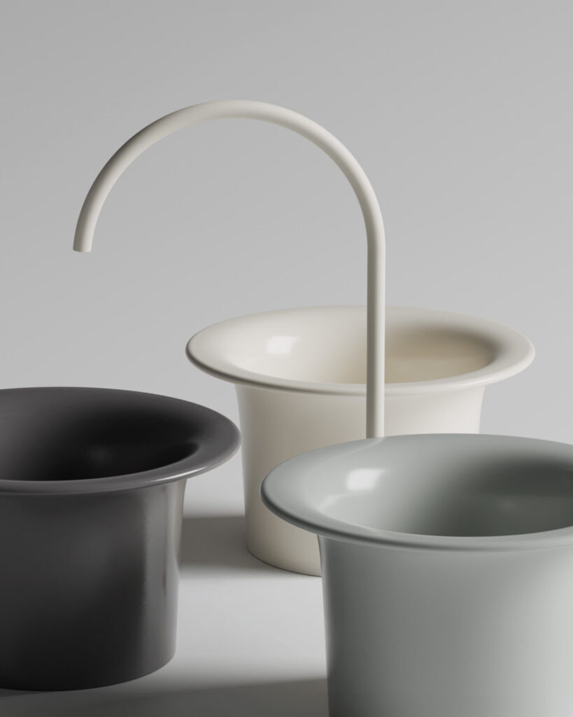 Valdama Sciapó vessel sinks in white, black, and gray with a curved white faucet.