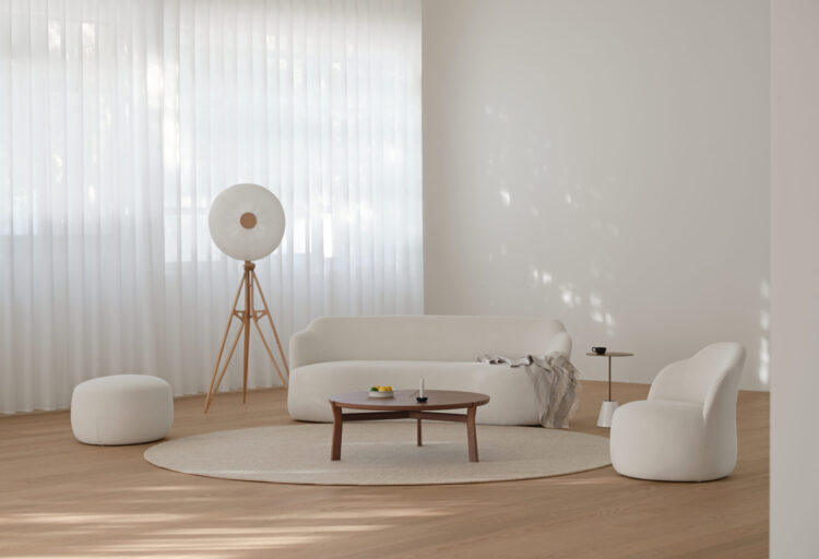 Stellar Works Ynez sofa, one-seater, and ottoman in white upholstery viewed from above.