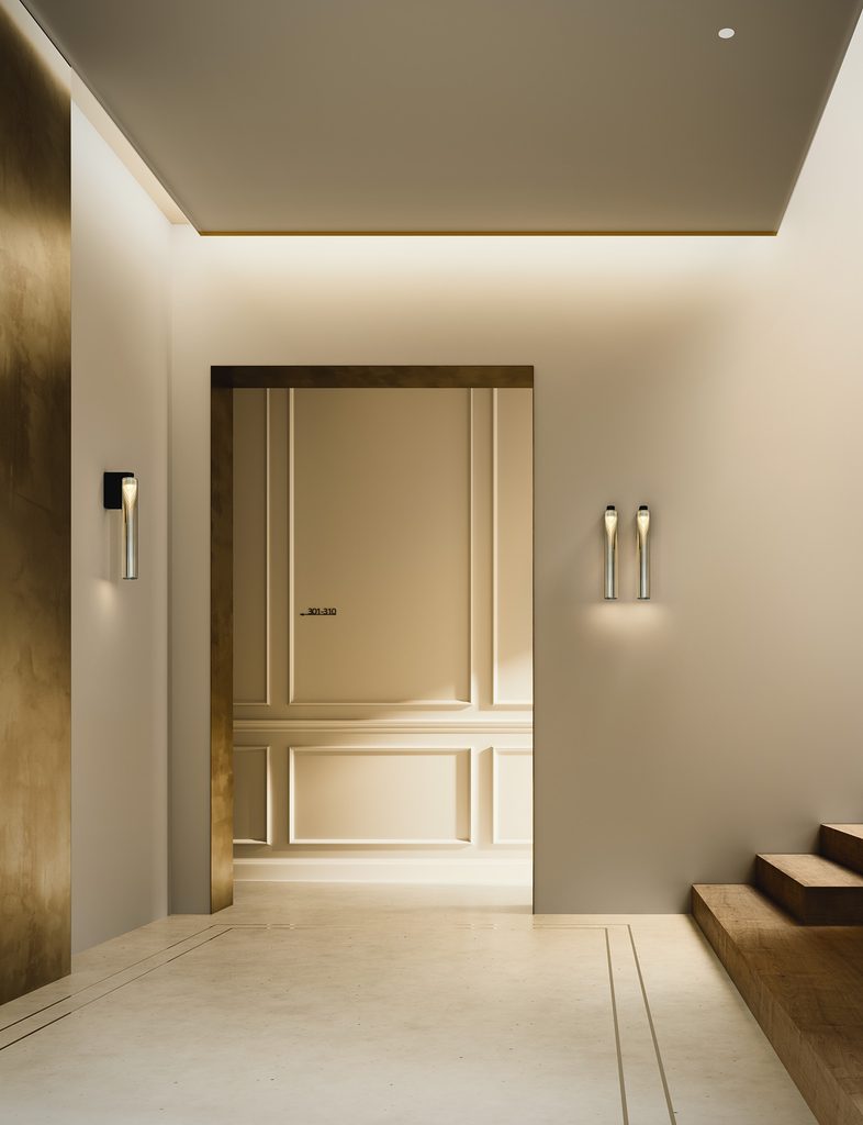 Penta Iconica glass wall sconce arrangement with one light left of a corridor doorway and two beside the stairs.