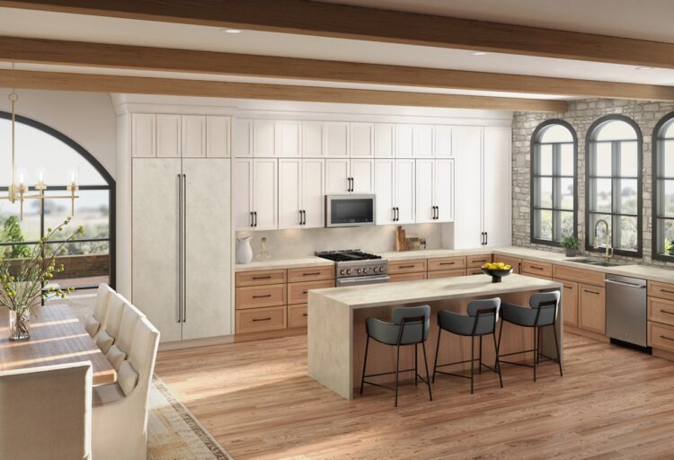 JennAir integrated refrigerator panels in creamy Dekton Albarium coordinate with a waterfall island and backsplash in a wood-and-white kitchen.