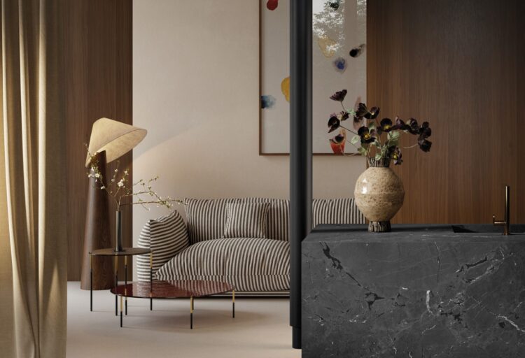 Sapienstone Negresco dark porcelain slabs clad a kitchen island with pale veining beside wood cabinetry and a striped sofa.